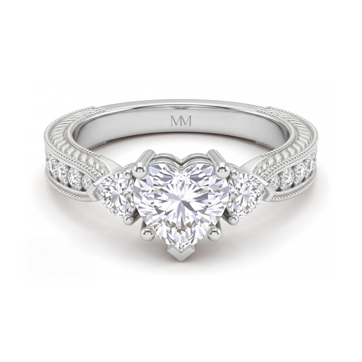 Cherie - Heart Cut Moissanite Ring with Heart Side Stones