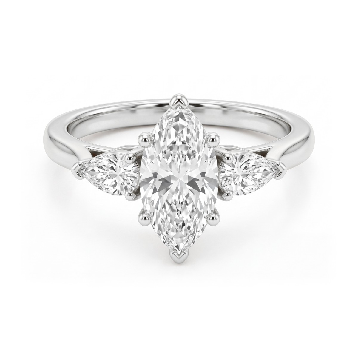 Navette - Marquise Moissanite Three-Stone Engagement Ring with Outward Pear Side Stones