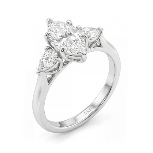 Navette - Marquise Moissanite Three-Stone Engagement Ring with Outward Pear Side Stones