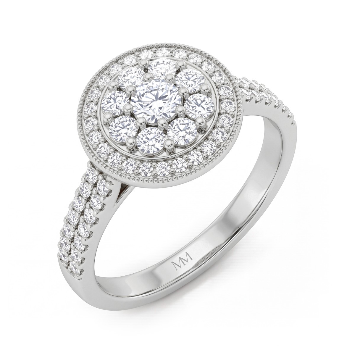 Corollina - Round Cluster Moissanite Ring with Halo and Pavé Shoulders