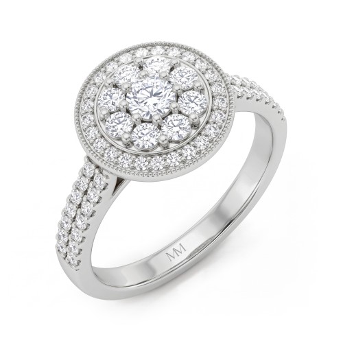 Corollina - Round Cluster Moissanite Ring with Halo and Pavé Shoulders