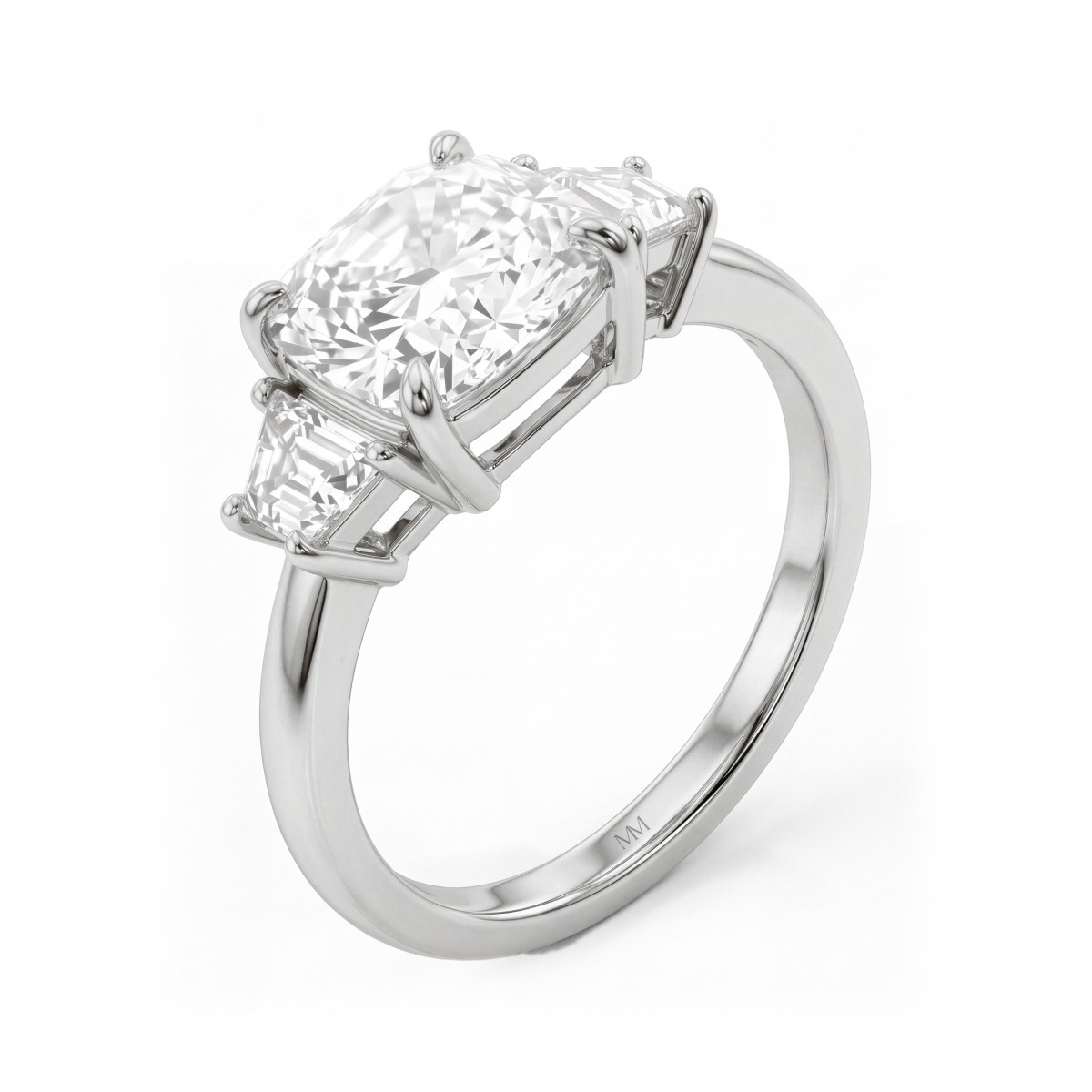 Trinity - Cushion Three-Stone Moissanite Ring with Trapezoid Side Stones
