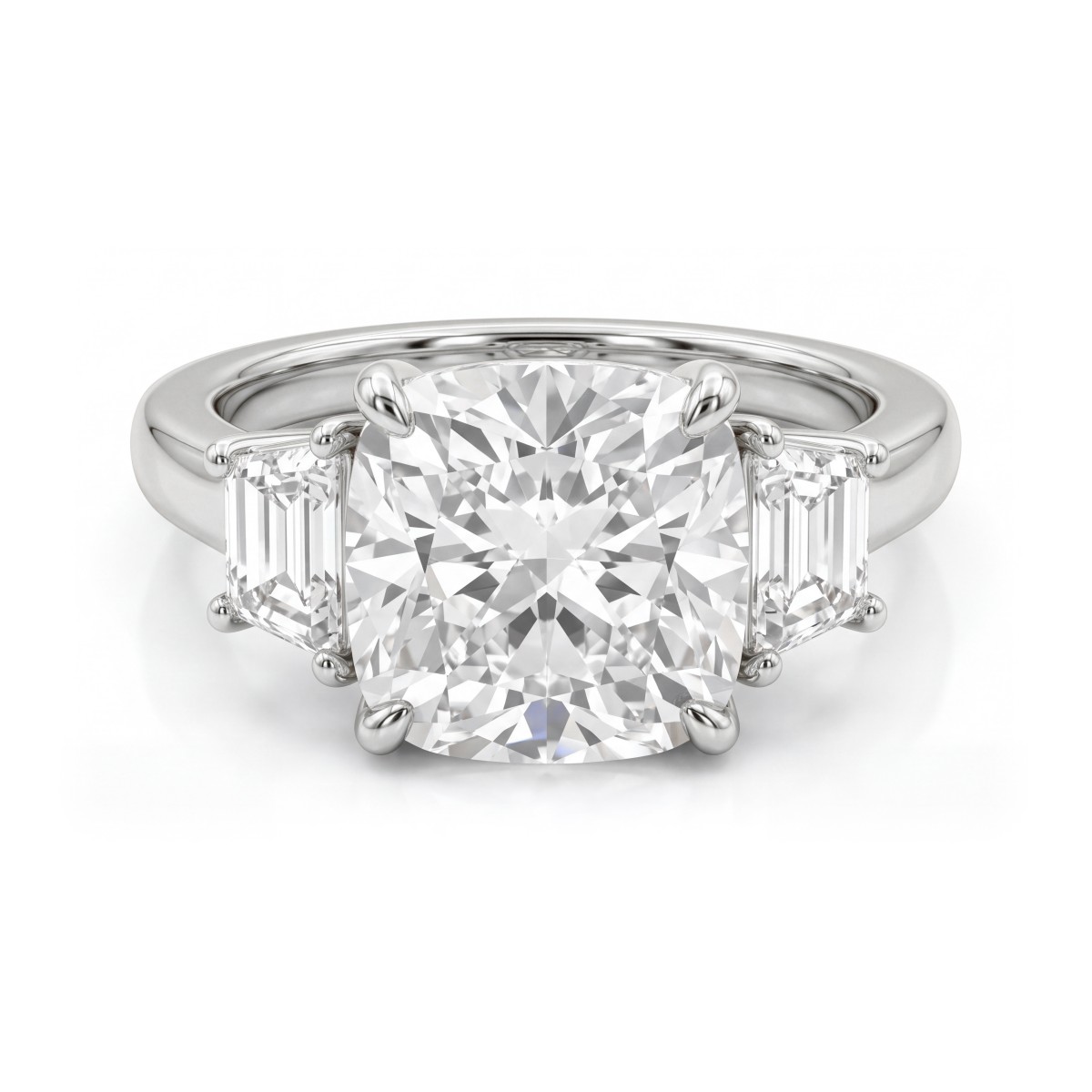 Trinity - Cushion Three-Stone Moissanite Ring with Trapezoid Side Stones