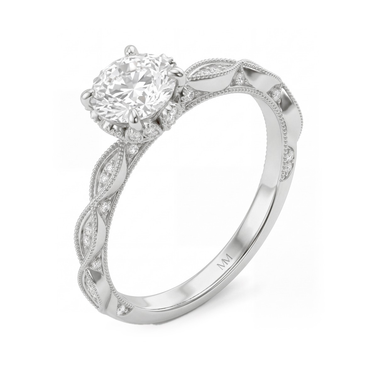 Plume - Vintage Round Moissanite Ring with Pavé Lotus Collar
