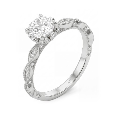 Plume - Vintage Round Moissanite Ring with Pavé Lotus Collar