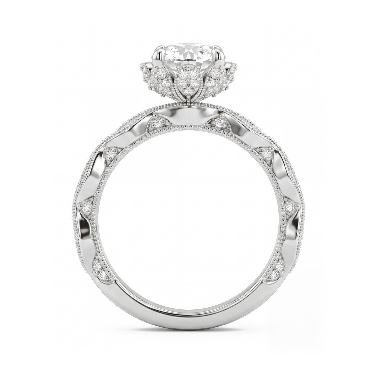 Plume - Vintage Round Moissanite Ring with Pavé Lotus Collar