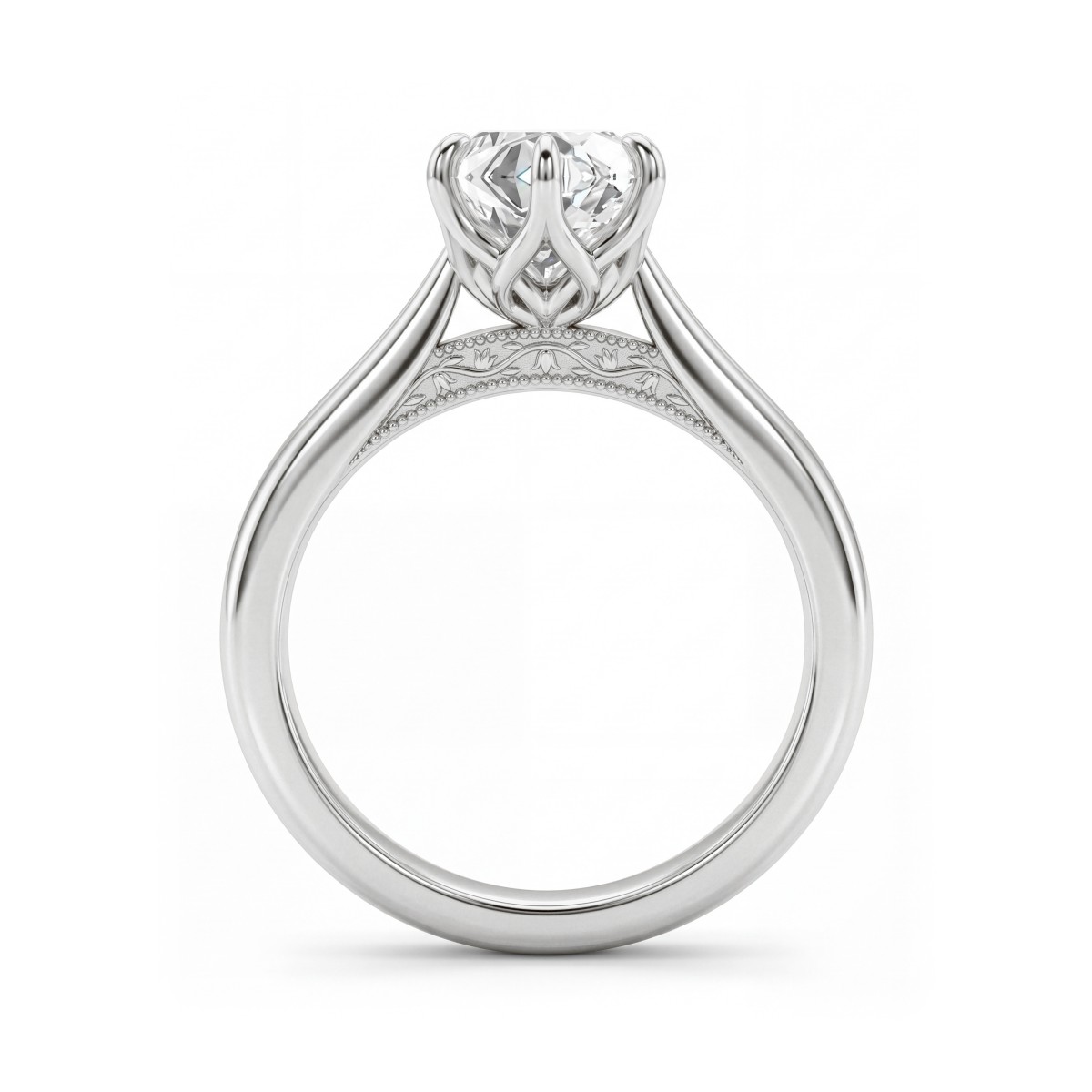 Lotella - Round Moissanite Engagement Ring with Carved Lotus Basket