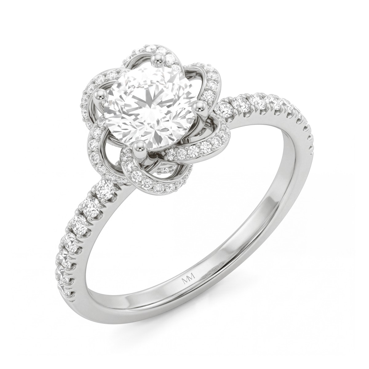 Camellia - Round Moissanite Ring with Pavé Ribbon Petals