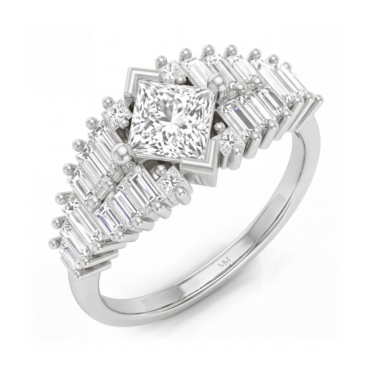 Princelle - Art Deco Princess Cut Moissanite Ring with Stepped Baguette Shoulders