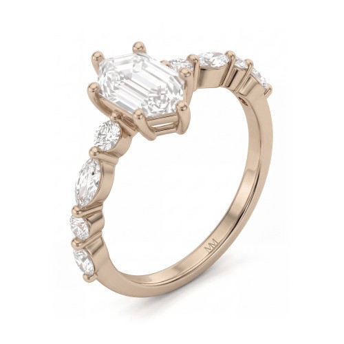 Prisma - Elongated Hexagon Moissanite Engagement Ring with Marquise and Round Side Stones