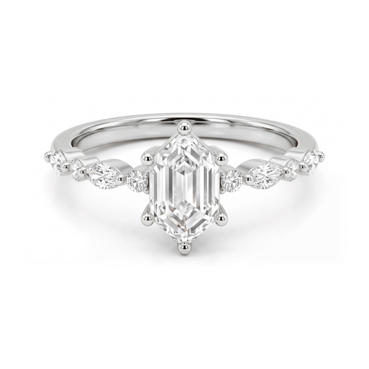 Prisma - Elongated Hexagon Moissanite Engagement Ring with Marquise and Round Side Stones