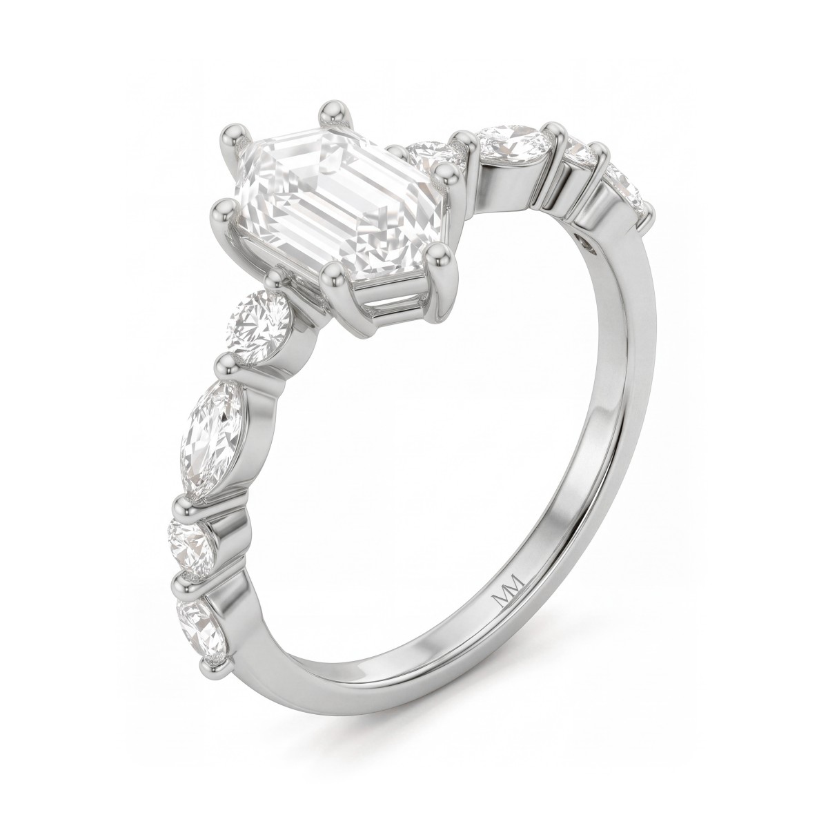 Prisma - Elongated Hexagon Moissanite Engagement Ring with Marquise and Round Side Stones