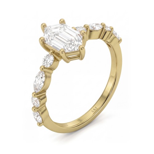 Prisma - Elongated Hexagon Moissanite Engagement Ring with Marquise and Round Side Stones