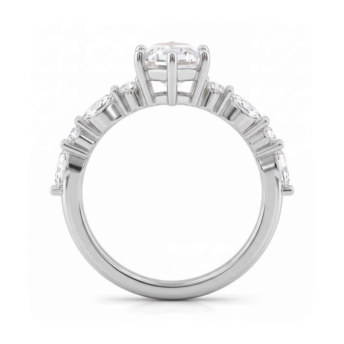 Prisma - Elongated Hexagon Moissanite Engagement Ring with Marquise and Round Side Stones