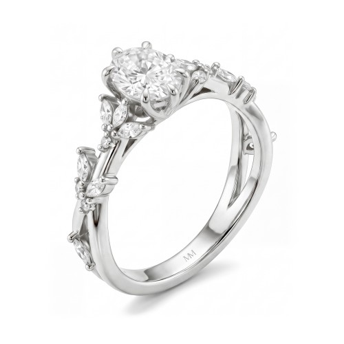 Sylvaine - Oval Moissanite Engagement Ring with Marquise Leaf Clusters and Split Shank
