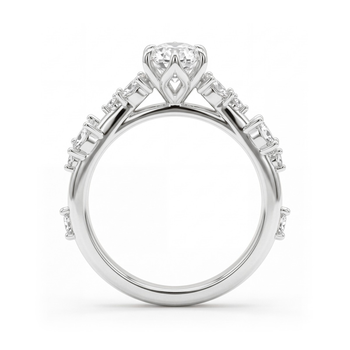 Sylvaine - Oval Moissanite Engagement Ring with Marquise Leaf Clusters and Split Shank