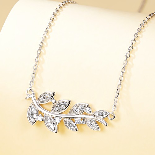 Botanica - Leaf Motif Moissanite Necklace in a Graceful Pave Setting