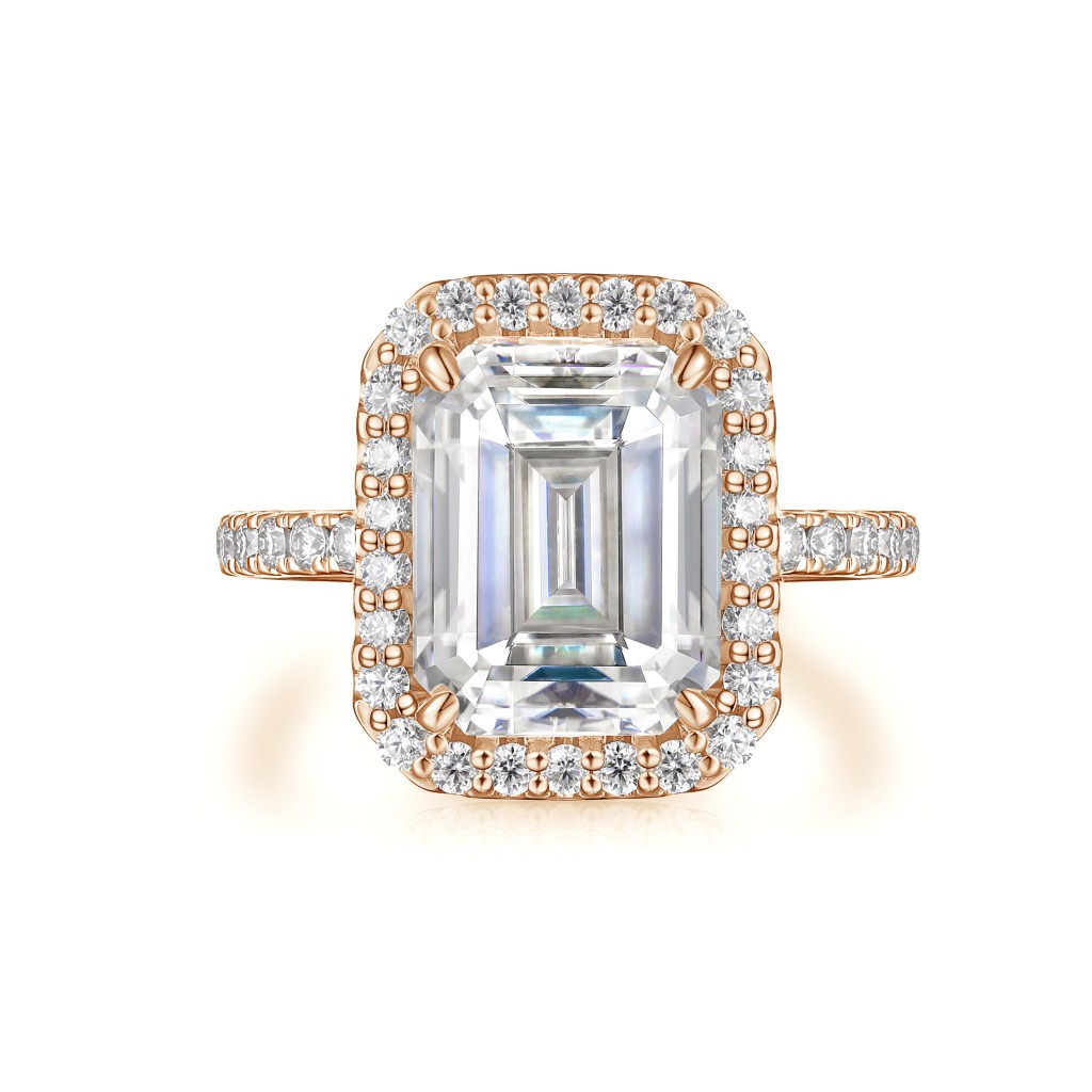 Esmeralda – Emerald Cut Moissanite Ring in Halo Setting