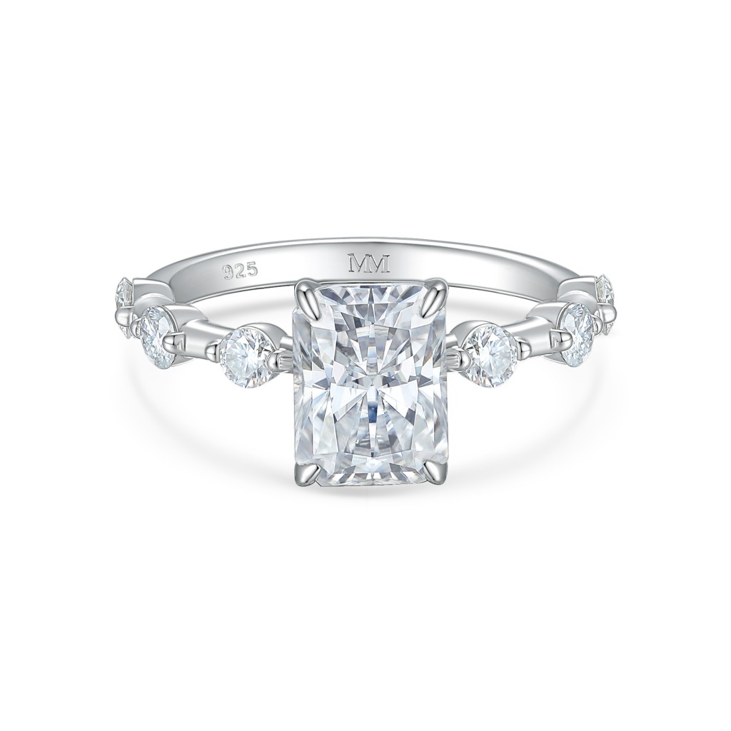 Isla - Radiant Cut Moissanite Ring with Side Stones