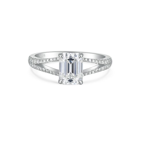 Emelise - Emerald Cut Moissanite Ring with Split-Shank and Side Stones