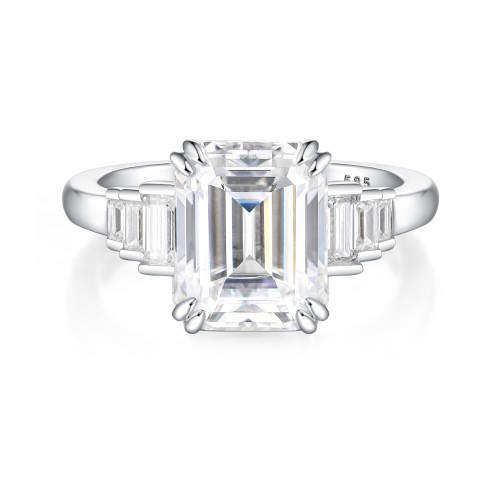 Rectanglo - Emerald Cut Moissanite Ring with Baguette Accents