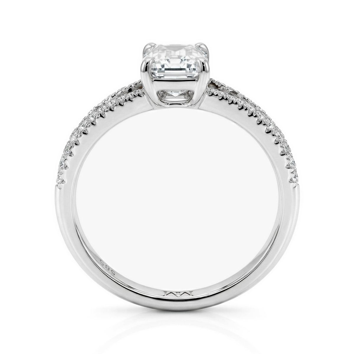 Emelise - Radiant Cut Moissanite Ring with Split-Shank and Side Stones