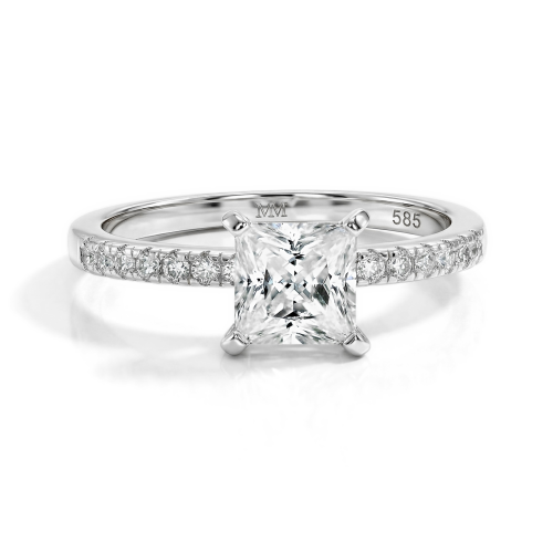 Celestia - Princess Moissanite Ring with Pavé Side Stones
