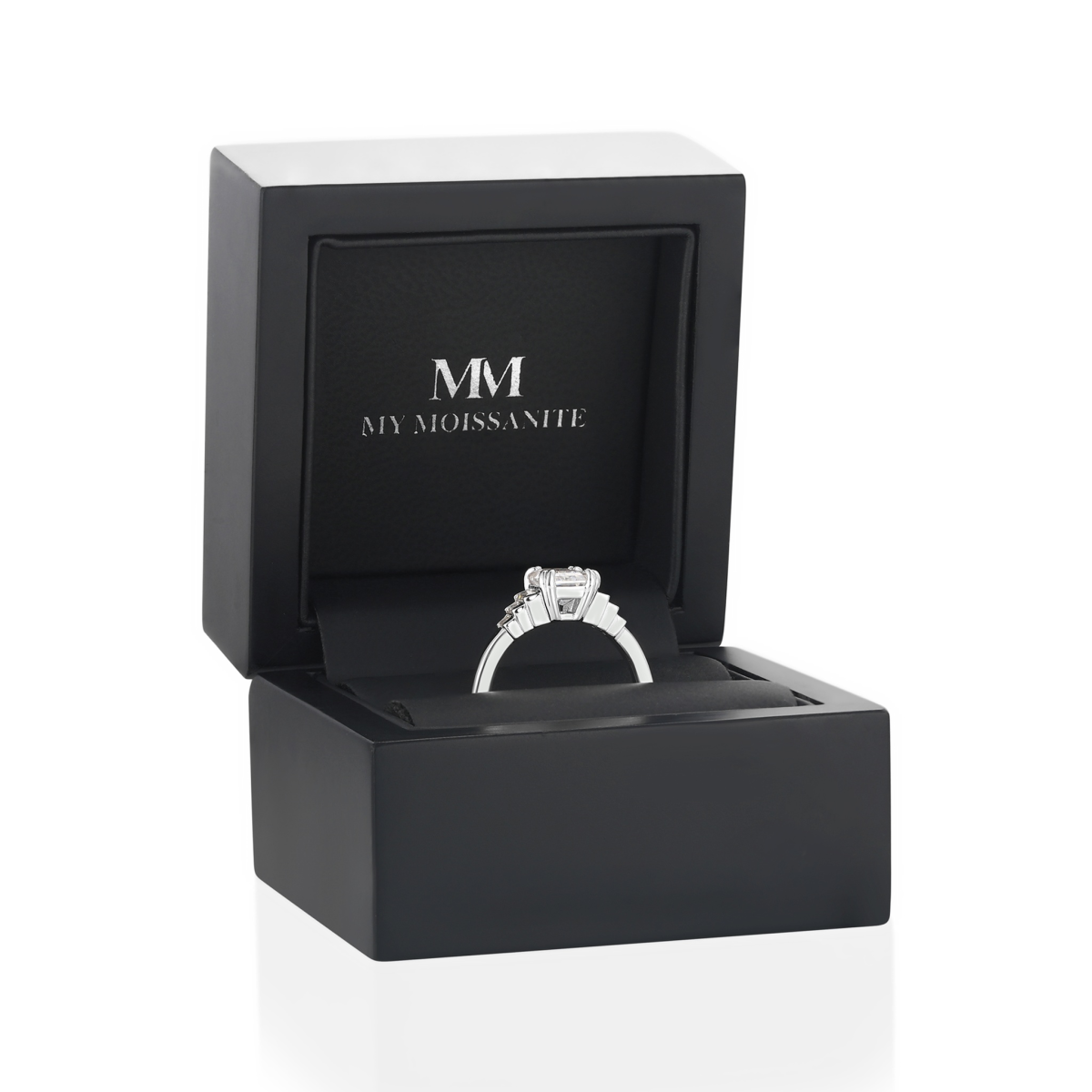 Rectanglo - Emerald Cut Moissanite Ring with Baguette Accents