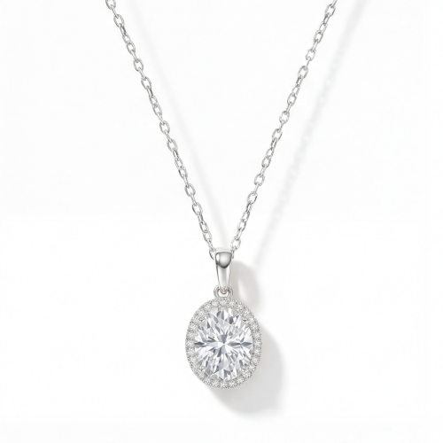 Clarique - Classic Oval-Shaped Moissanite Pendant with Pavé Halo