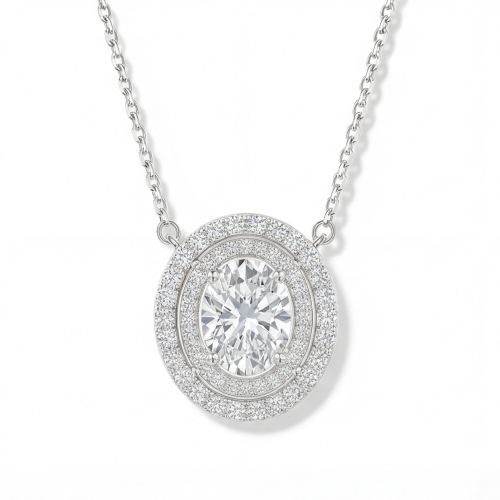 Galaxia - Oval Cut Moissanite Pendant with Encircled Double Halo