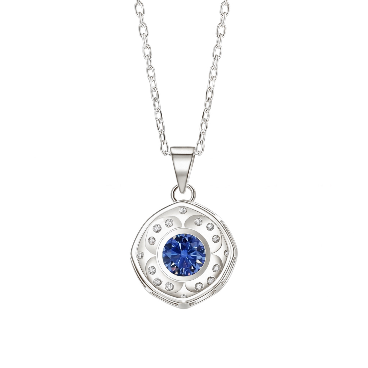 Purelle - Royal Blue Moissanite Halo Pendant with Link Chain