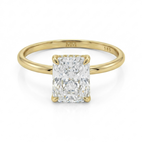 Mirabelle - Radiant Cut Moissanite Solitaire Ring with Basket Setting and Hidden Halo