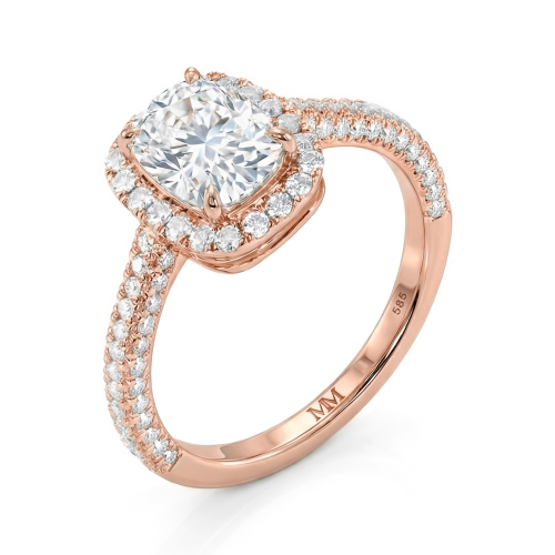 Plushette - Elongated Cushion Cut Moissanite Engagement Ring With Halo and Micropavé Shank