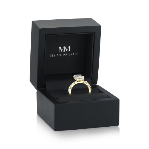 Luminaire - Radiant Cut Moissanite Ring With Marquise Side Stones and Hidden Halo