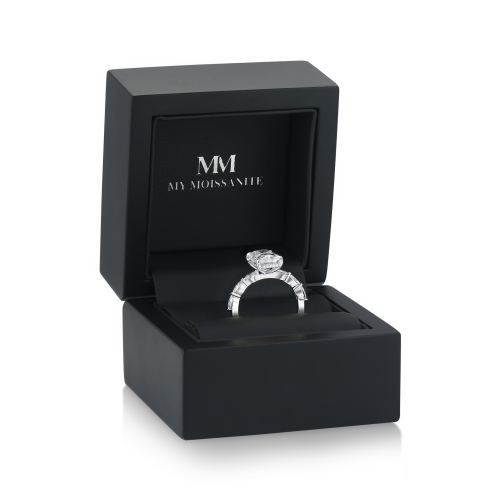 Luminaire - Radiant Cut Moissanite Ring With Marquise Side Stones and Hidden Halo
