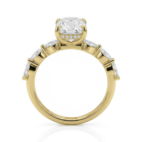 Luminaire - Radiant Cut Moissanite Ring With Marquise Side Stones and Hidden Halo