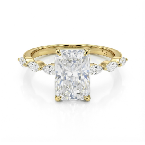 Luminaire - Radiant Cut Moissanite Ring With Marquise Side Stones and Hidden Halo