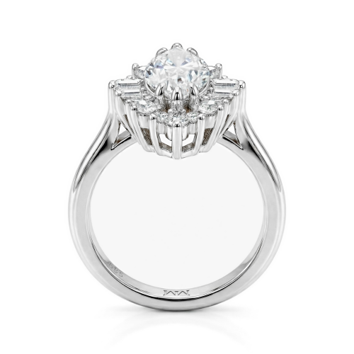 Crownique - Marquise Cut Moissanite Engagement Ring with Halo and Baguette Accents