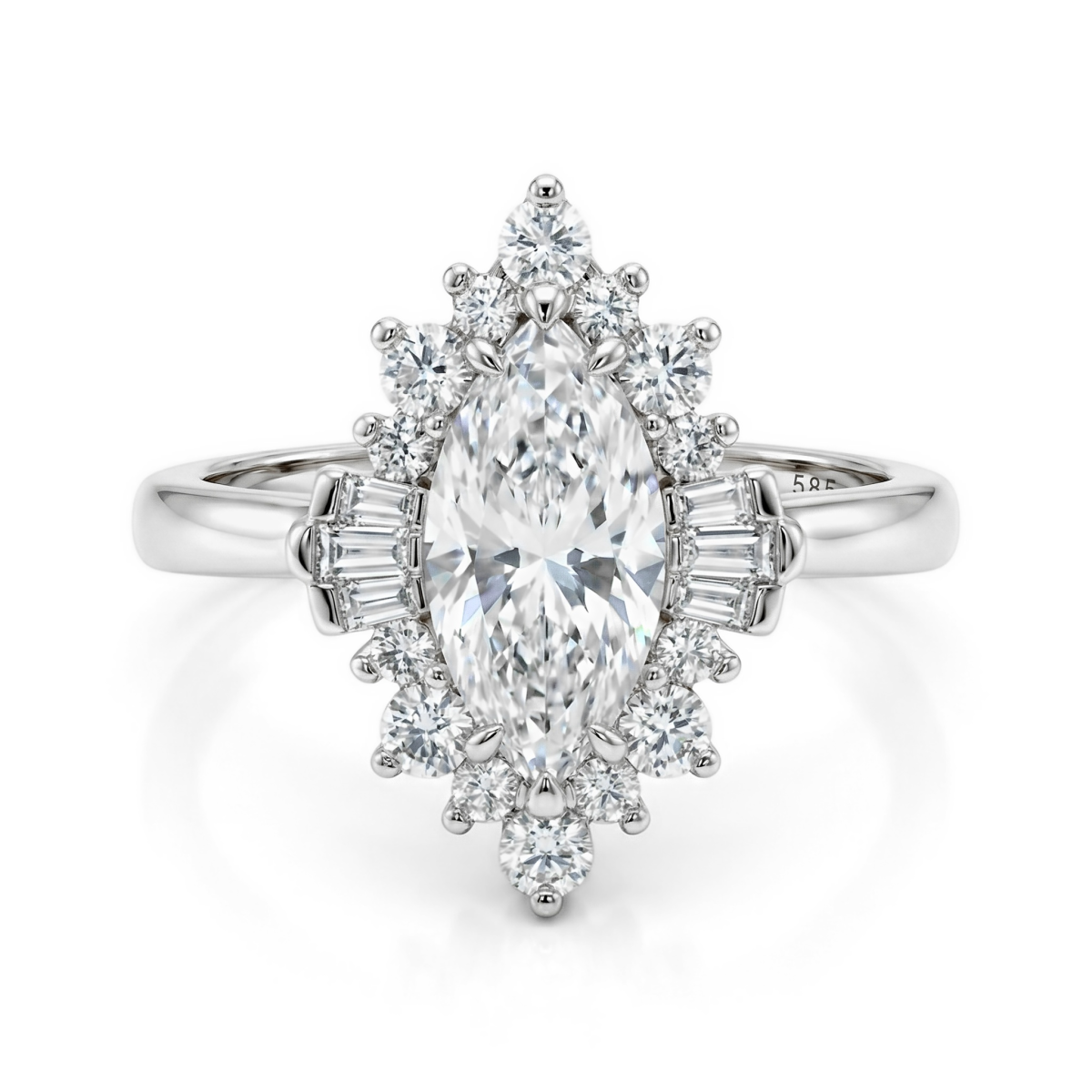 Crownique - Marquise Cut Moissanite Engagement Ring with Halo and Baguette Accents