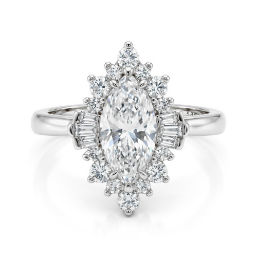 Crownique - Marquise Cut Moissanite Engagement Ring with Halo and Baguette Accents