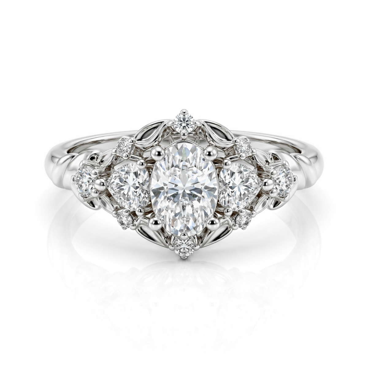 Gardenia - Oval Moissanite Engagement Ring with Heart and Round Accents