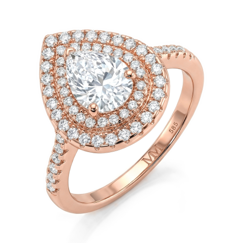 Athena - Pear Cut Moissanite Engagement Ring with Double Halo and Pavé Shank