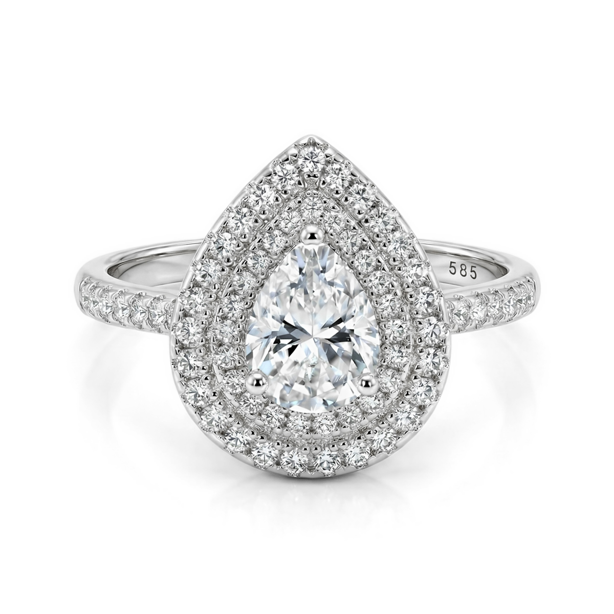 Athena - Pear Cut Moissanite Engagement Ring with Double Halo and Pavé Shank