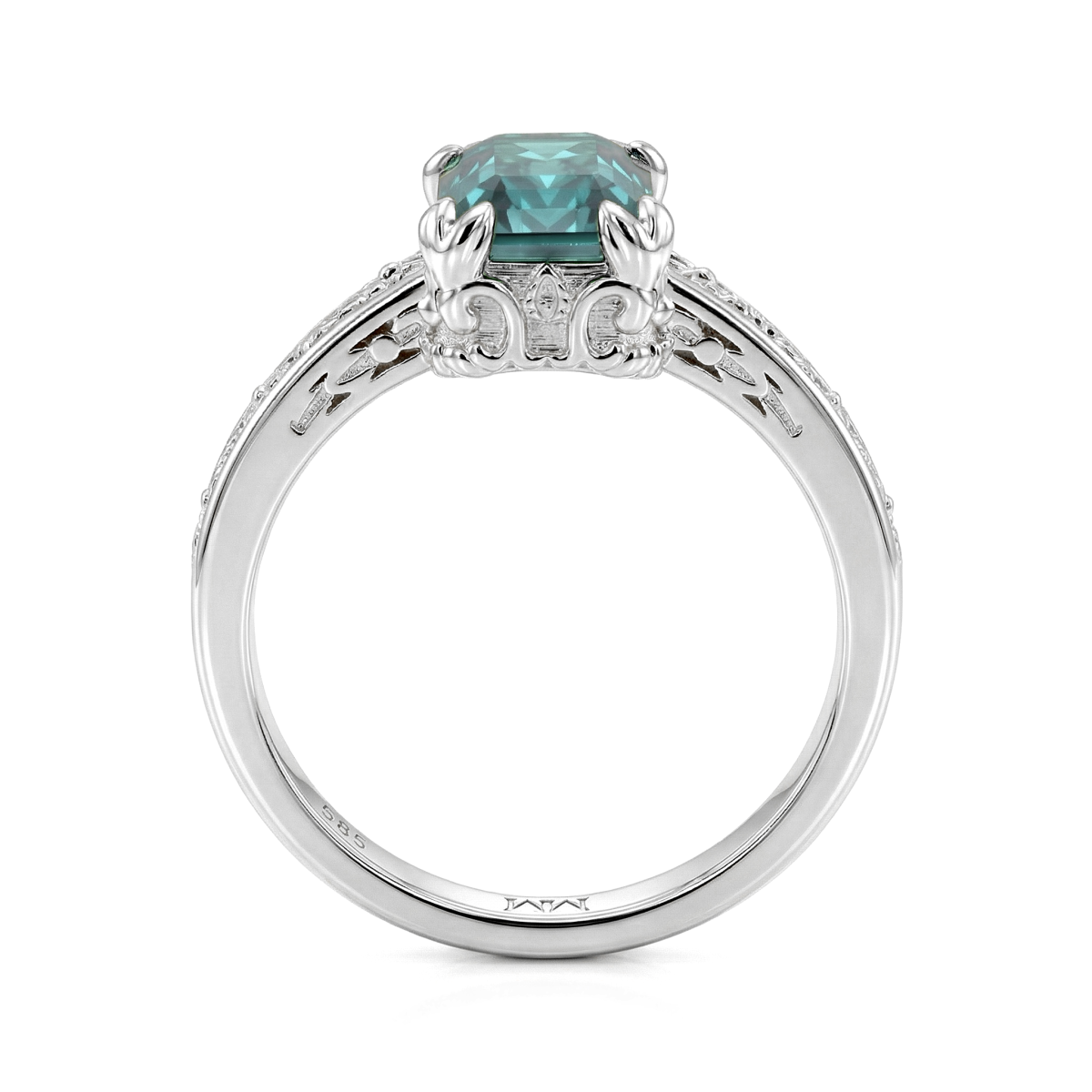 Verdisia - Vintage Floral Emerald Cut Green Moissanite Engagement Ring