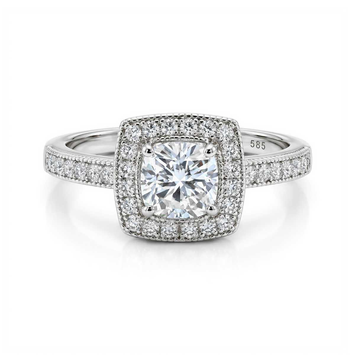 Sanctum - Cushion Cut Moissanite Engagement Ring with Vintage Halo and Pavé Band