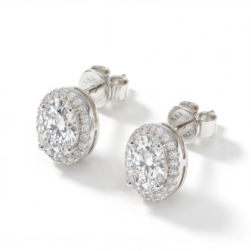 Ellipse - Oval Moissanite Stud Earrings in Halo Setting