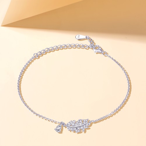 Foliana - Moissanite Leaf Charm Bracelet with Dangling Stone Detail