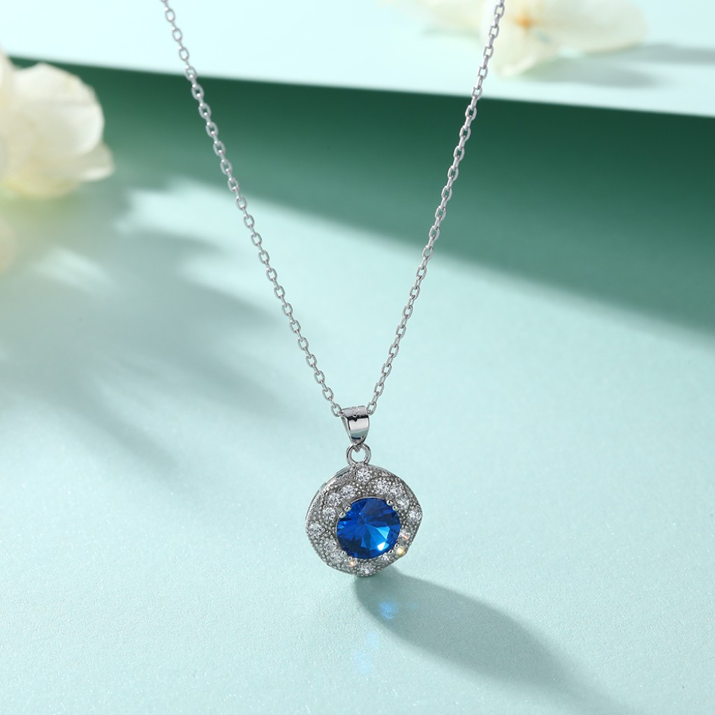 Purelle - Royal Blue Moissanite Halo Pendant with Link Chain