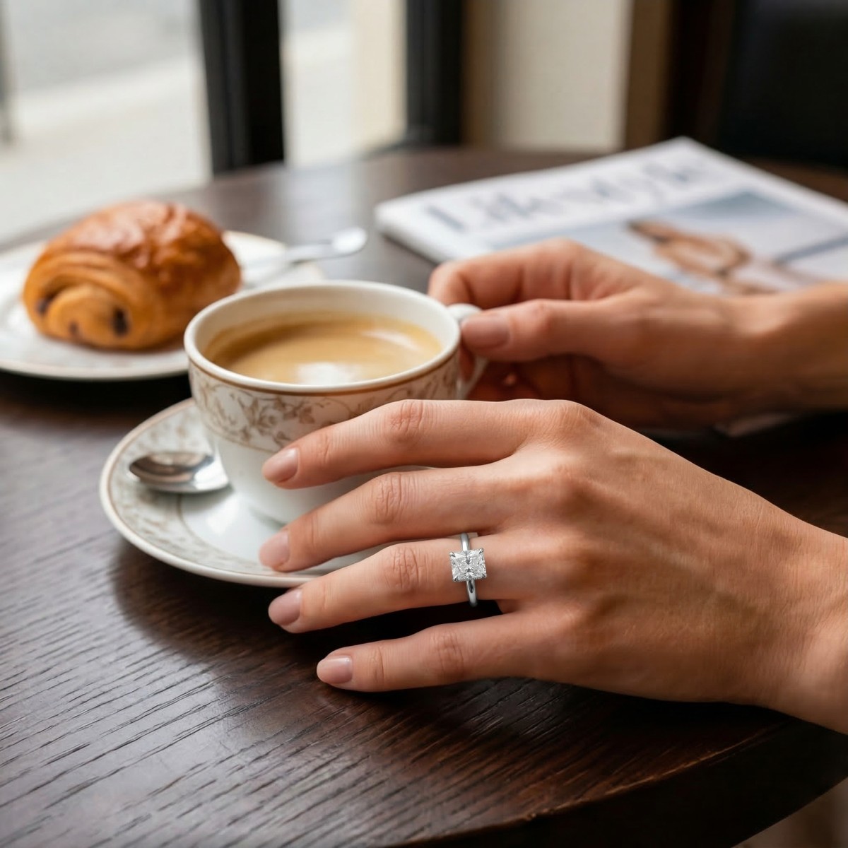 Mirabelle - Radiant Cut Moissanite Solitaire Ring with Basket Setting and Hidden Halo