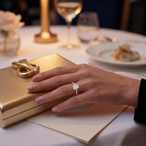 Luminaire - Radiant Cut Moissanite Ring With Marquise Side Stones and Hidden Halo